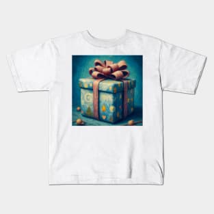 It’s All in the Bow - Fancy Blue Present - Oil Painting turned Digital Art in the Style of Van Gogh Kids T-Shirt